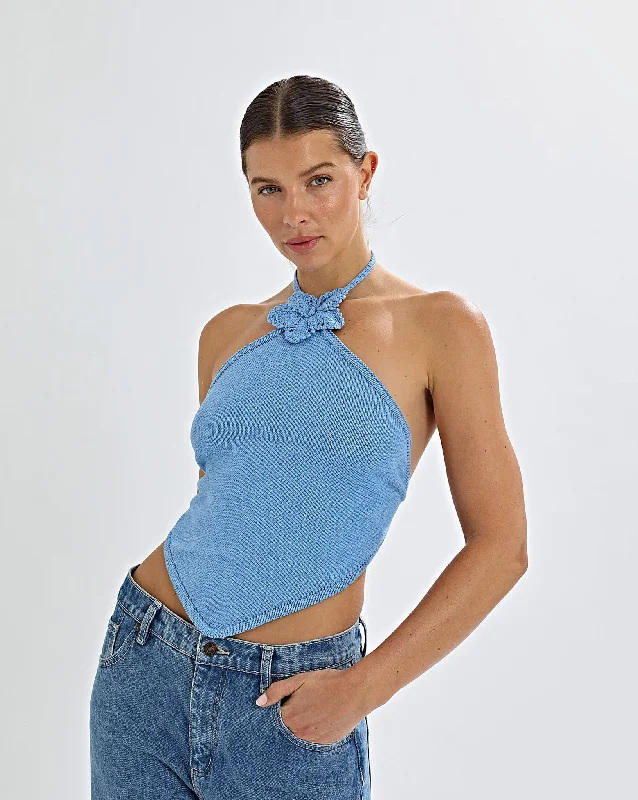 Eloise Knit Flower Top Blue Monochromatic Office Style