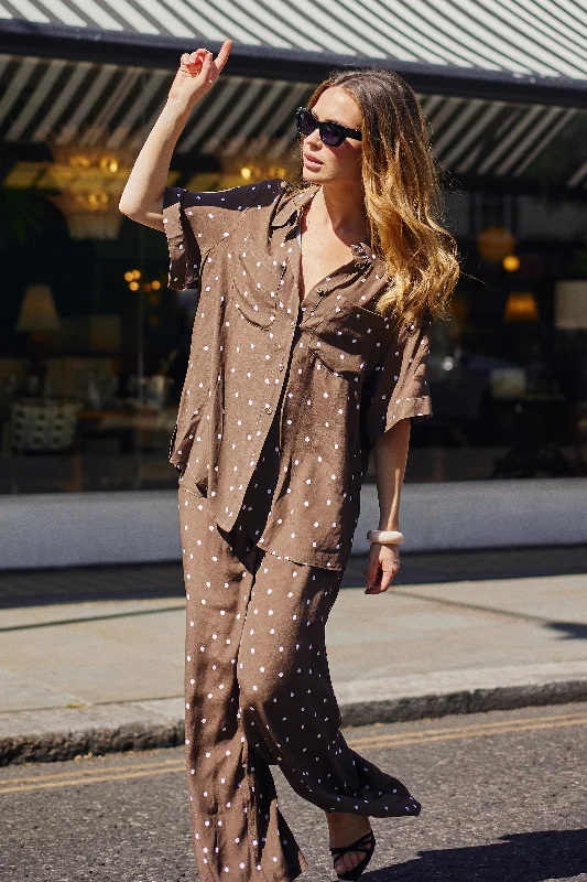 Short Sleeve Button-Up Shirt CHOCOLATE POLKA Laid - back Women's Style