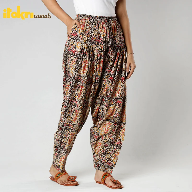 Black - Kalamkari Block Printing Cotton Elasticated Salwar Preppy Women's College