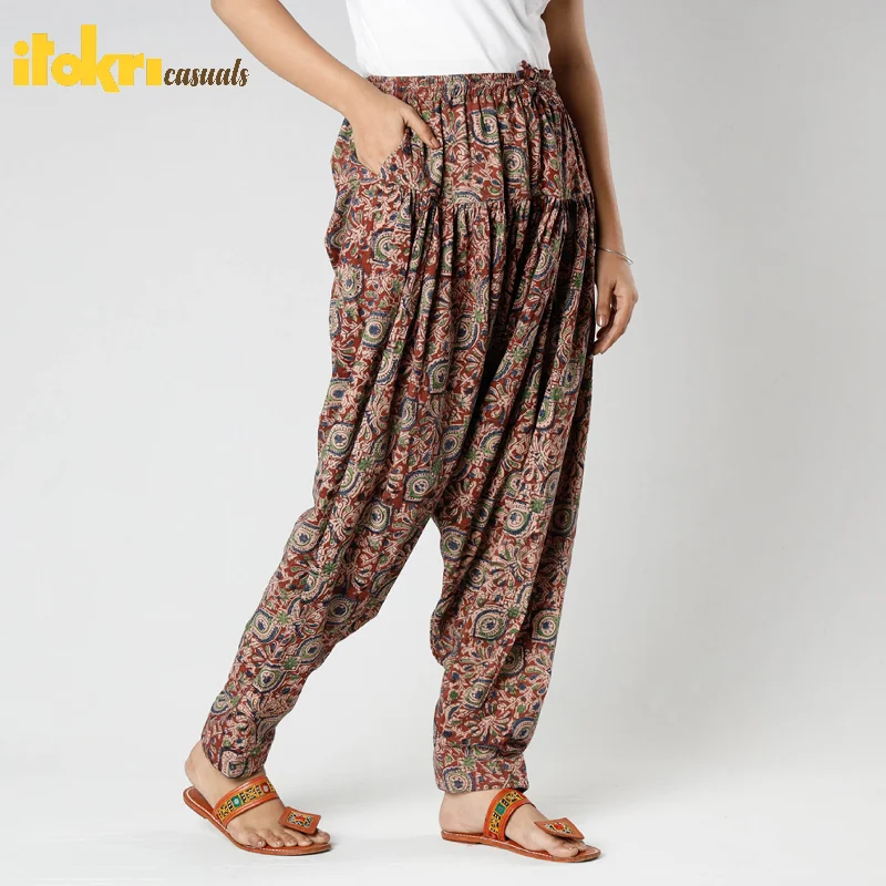 Brown - Kalamkari Block Printing Cotton Elasticated Salwar Bohemian Women's Free
