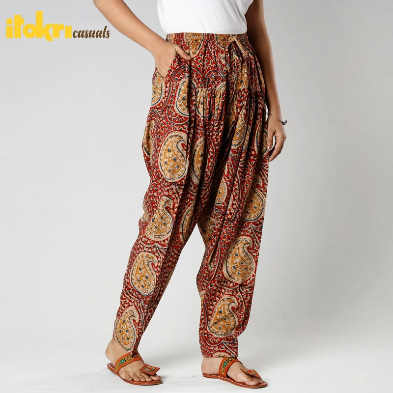 Maroon - Kalamkari Block Printing Cotton Elasticated Salwar Elegant Women's Formal 
