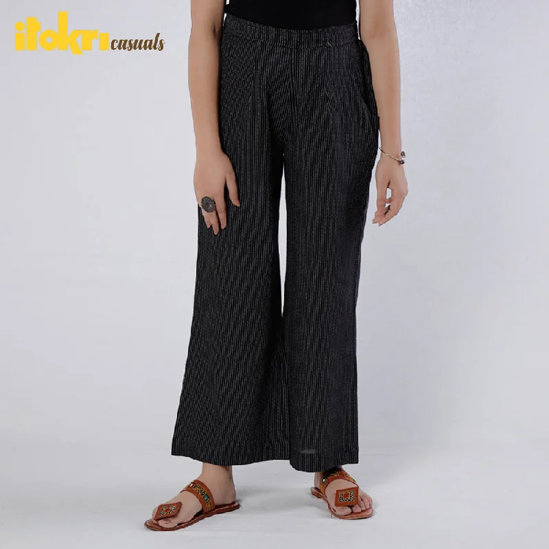 Black - Running Stitch Cotton Palazzo by iTokri Casuals Sporty Women's Tennis