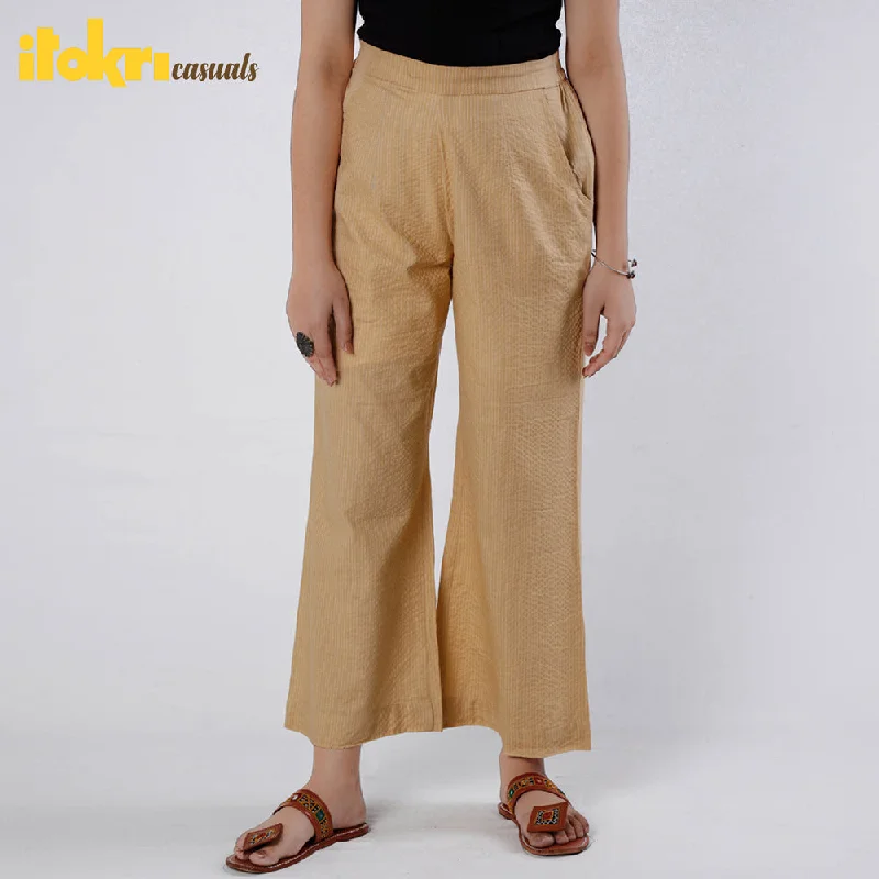 Beige - Running Stitch Cotton Palazzo Dynamic Women's High - energy