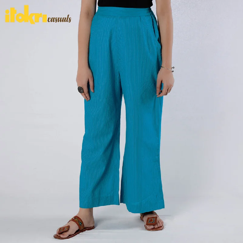 Turquoise Blue - Running Stitch Cotton Palazzo by iTokri Casuals Cool Women's Distressed