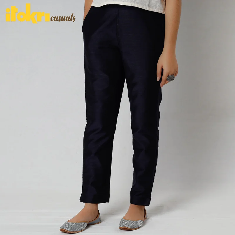 Navy Blue - Silk Tapered Casual Pant for Women French