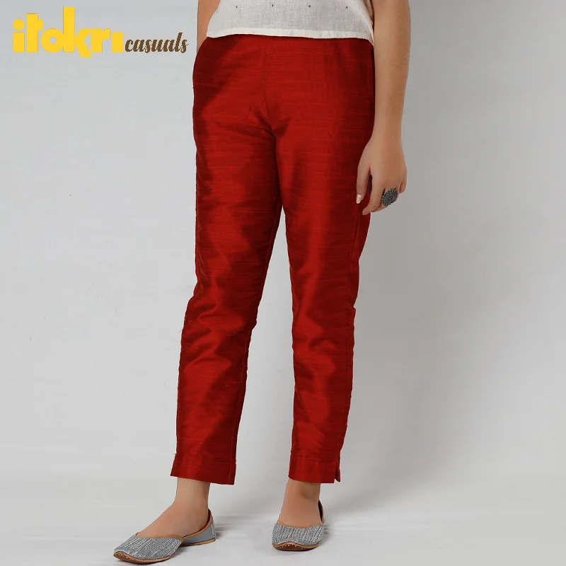 Red - Silk Tapered Casual Pant for Women Bold Women's Statement