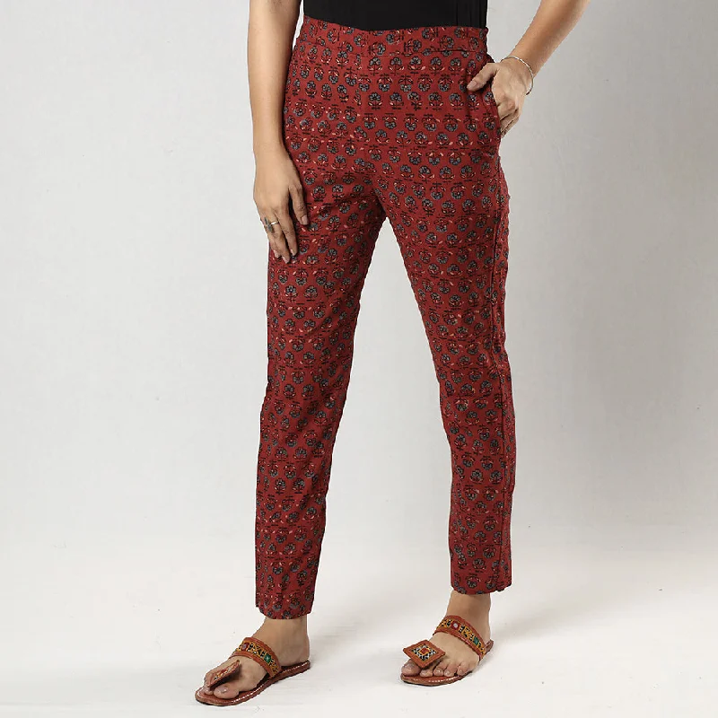 Red Ajrakh Block Printing Cotton Tapered Casual Pant for Women Traditional Women's Wool Red Ajrakh Block Printing Cotton Tapered Casual Pant for Women Traditional Women's Wool