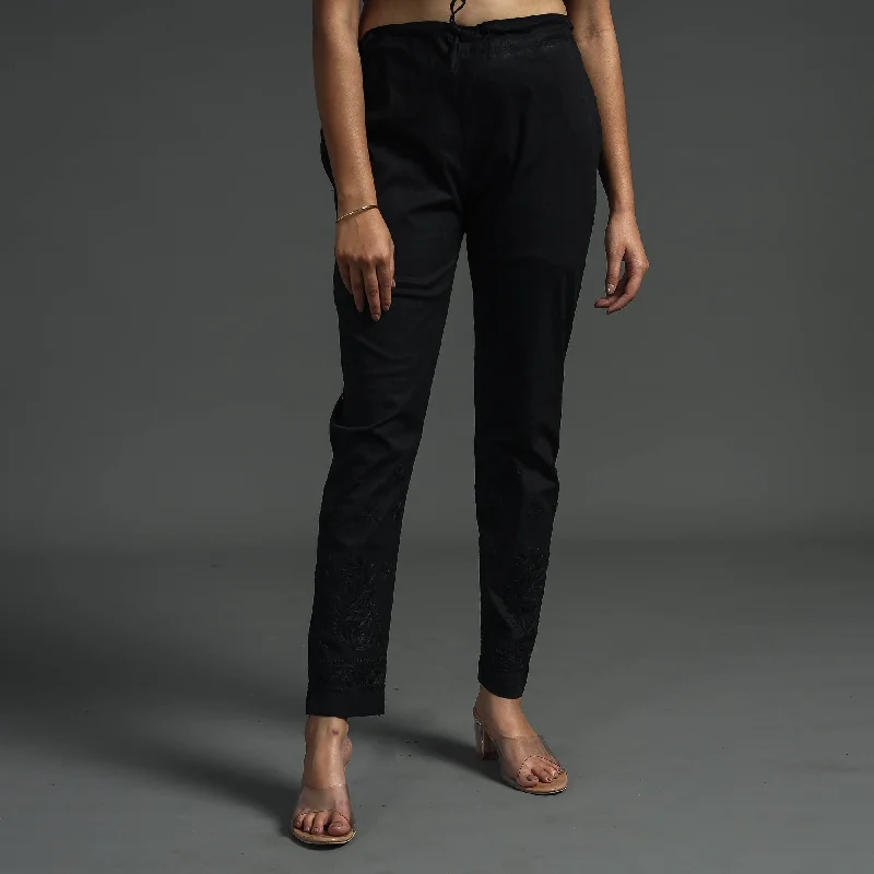 Black - Lucknow Chikankari Hand Embroidery Cotton Lycra Cropped Pant (Free Size) British Gentlewoman Style Black - Lucknow Chikankari Hand Embroidery Cotton Lycra Cropped Pant (Free Size) British Gentlewoman Style