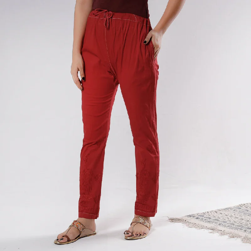 Red - Lucknow Chikankari Hand Embroidery Cotton Lycra Cropped Pant (Free Size) Disco