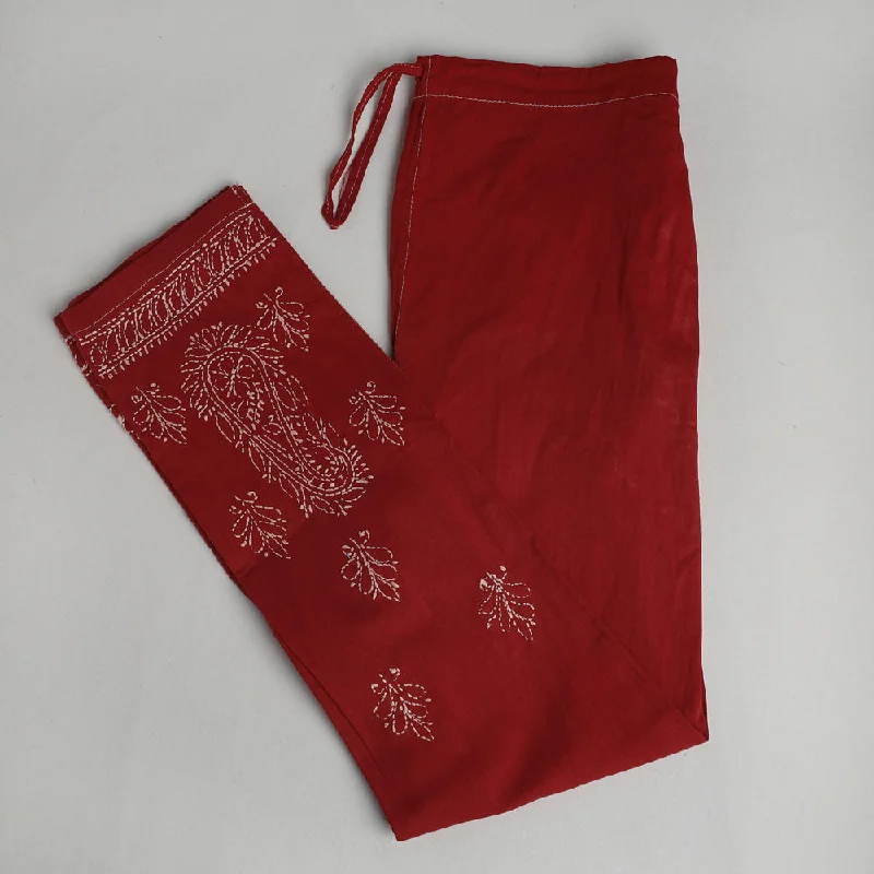 Red - Lucknow Chikankari Hand Embroidery Cotton Lycra Cropped Pant (Free Size) Streetwear Style for Red - Lucknow Chikankari Hand Embroidery Cotton Lycra Cropped Pant (Free Size) Streetwear Style for