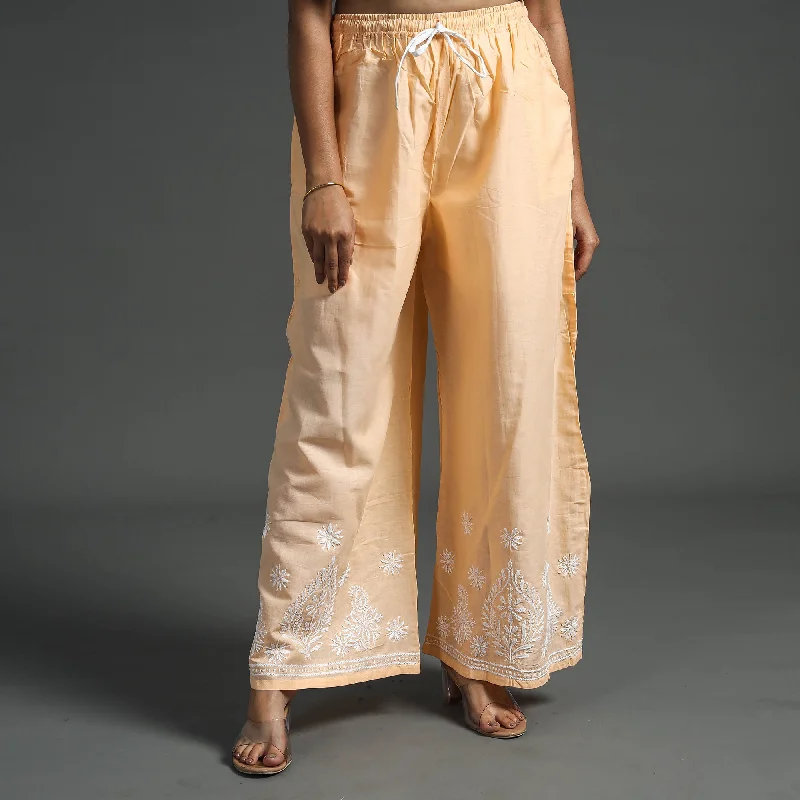 Beige - Lucknow Chikankari Hand Embroidery Cotton Palazzo (Free Size) Laid - back Women's Vibe