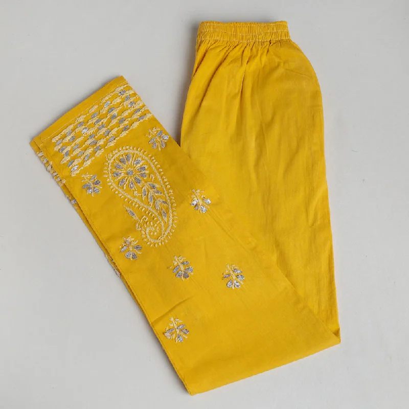 Yellow - Lucknow Chikankari Hand Embroidery Gota Patti Work Cotton Pant (Free Size)