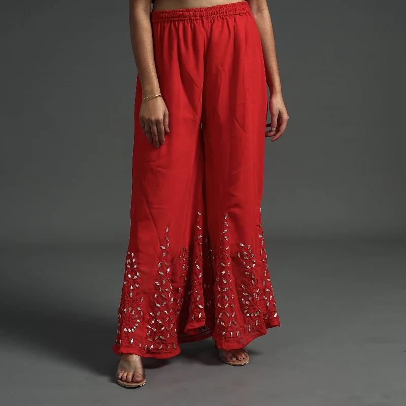 Red - Lucknow Chikankari Hand Embroidery Gota Patti Work Georgette palazzo (Free Size) Refined Women's Velvet