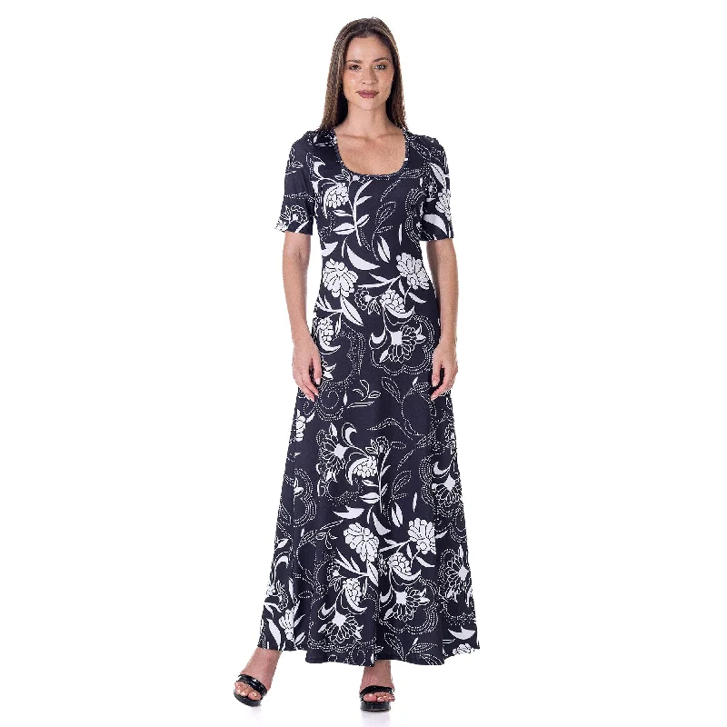 24seven Comfort Apparel Womens Black and White Elbow Sleeve Casual A Line Maxi Dress