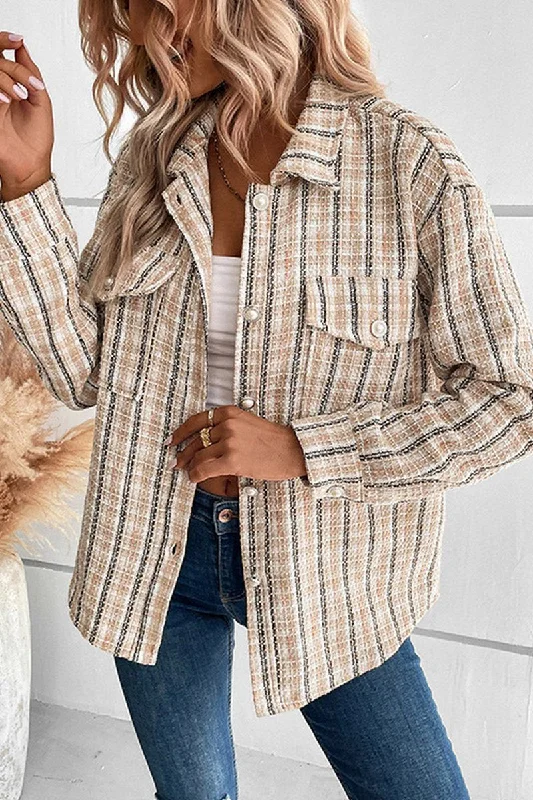 WOMEN CASUAL BUTTON CUFF PLAID POCKETS SHACKET Sporty Women's Tennis