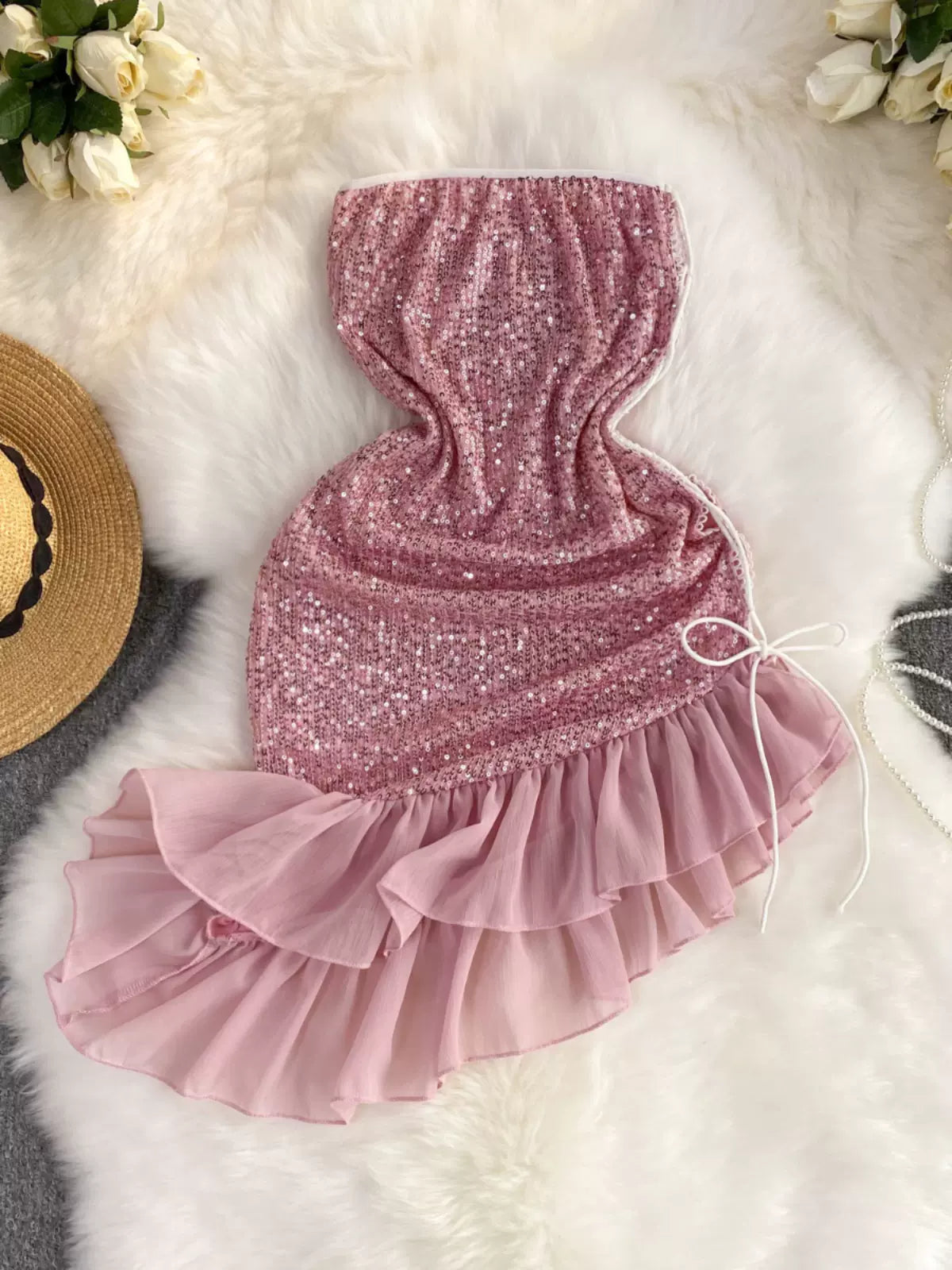 Feminine Pink Sequin Bodice Ruffled Hem Dress