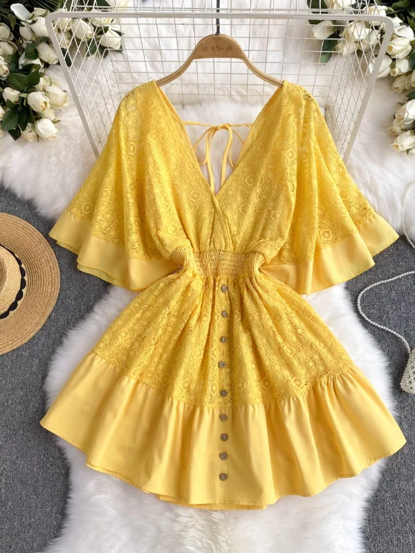 Flowing Sleeves Sun-Kissed Yellow Lace Dress