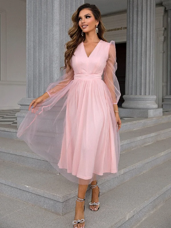 Romantic Sheer Overlay Pink Tea-Length Dress Stylish Women's Tropical 