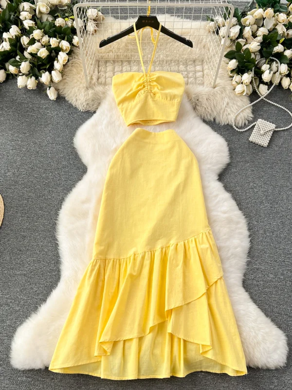 Sunshine Yellow Halter Ruffle Hem Dress