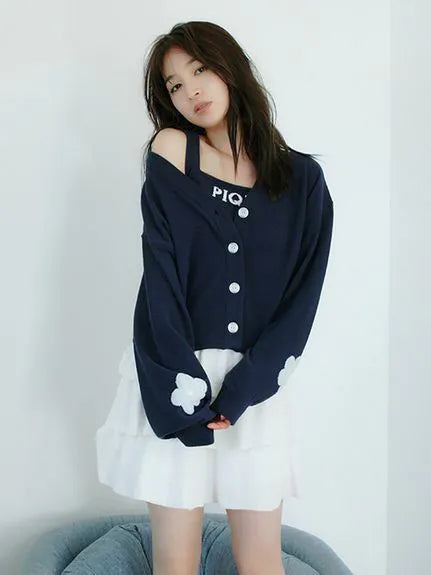 Airy Moco Flower Logo Jacquard Cropped Cardigan