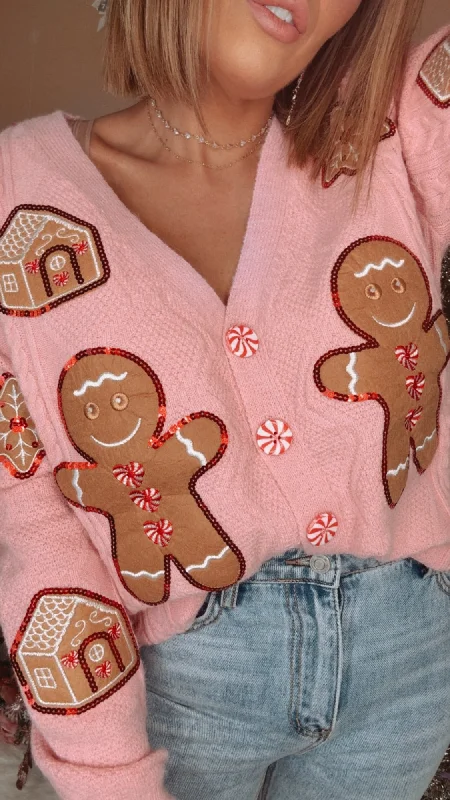 Holiday Gingerbread Man Cardi, Pink