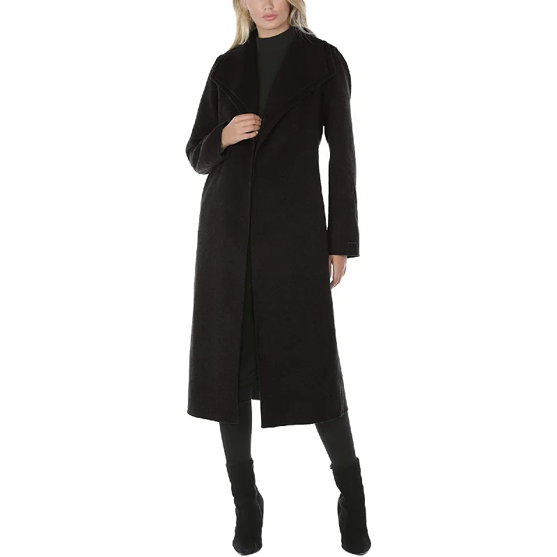 Tahari Women's Black Double Layered Collar Wool Long Coat